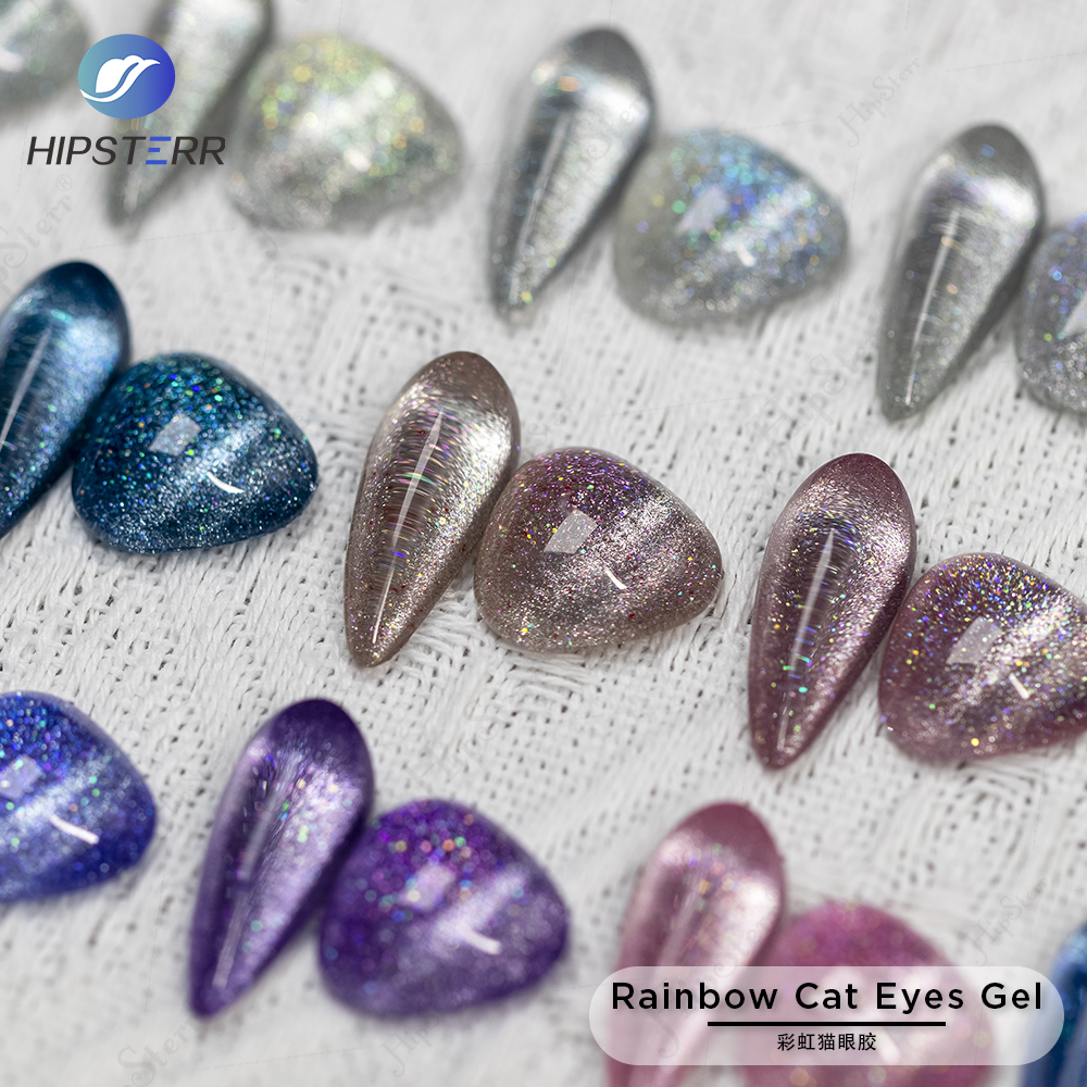 Rainbow cat eyes gel nail design